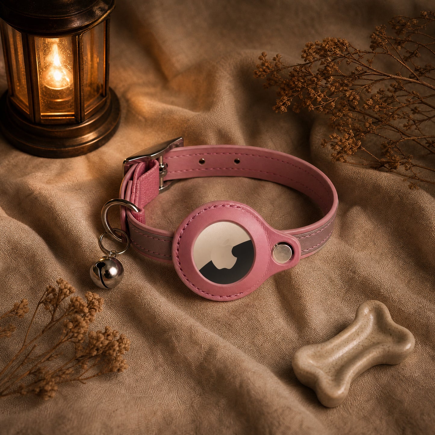 Reflective Leather Airtag Cat Collar with Bell