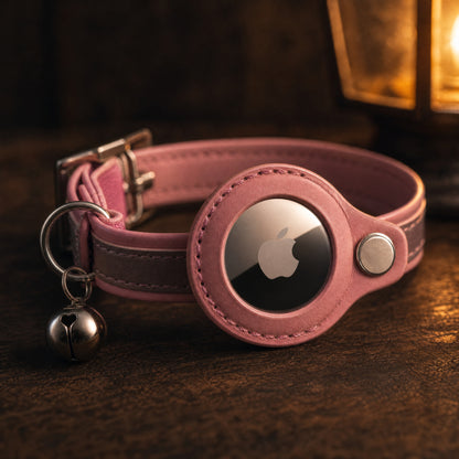 Reflective Leather Airtag Cat Collar with Bell