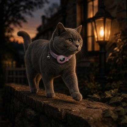 Reflective Leather Airtag Cat Collar with Bell