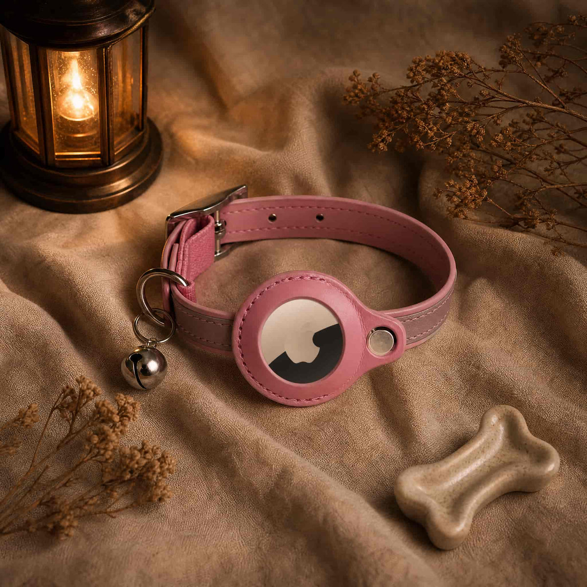 Reflective Leather Airtag Cat Collar with Bell