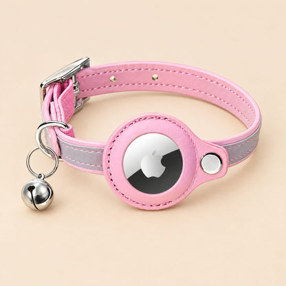 Reflective Leather Airtag Cat Collar with Bell