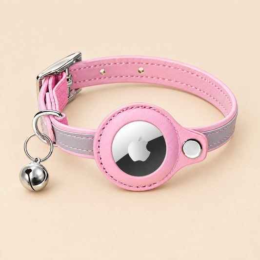 Reflective Leather Airtag Cat Collar with Bell